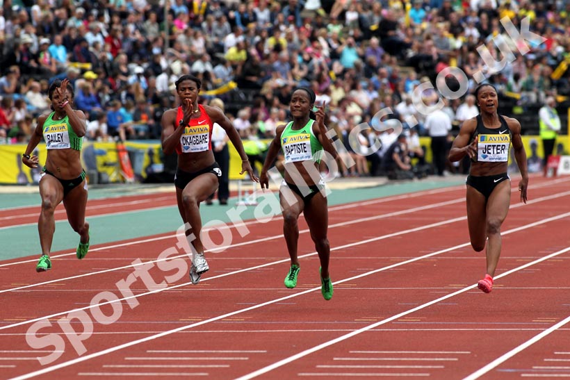 Carmelita Jeter beats Kelly-Ann Baptiste in 100 metres, 2011 Aviva London Grand Prix